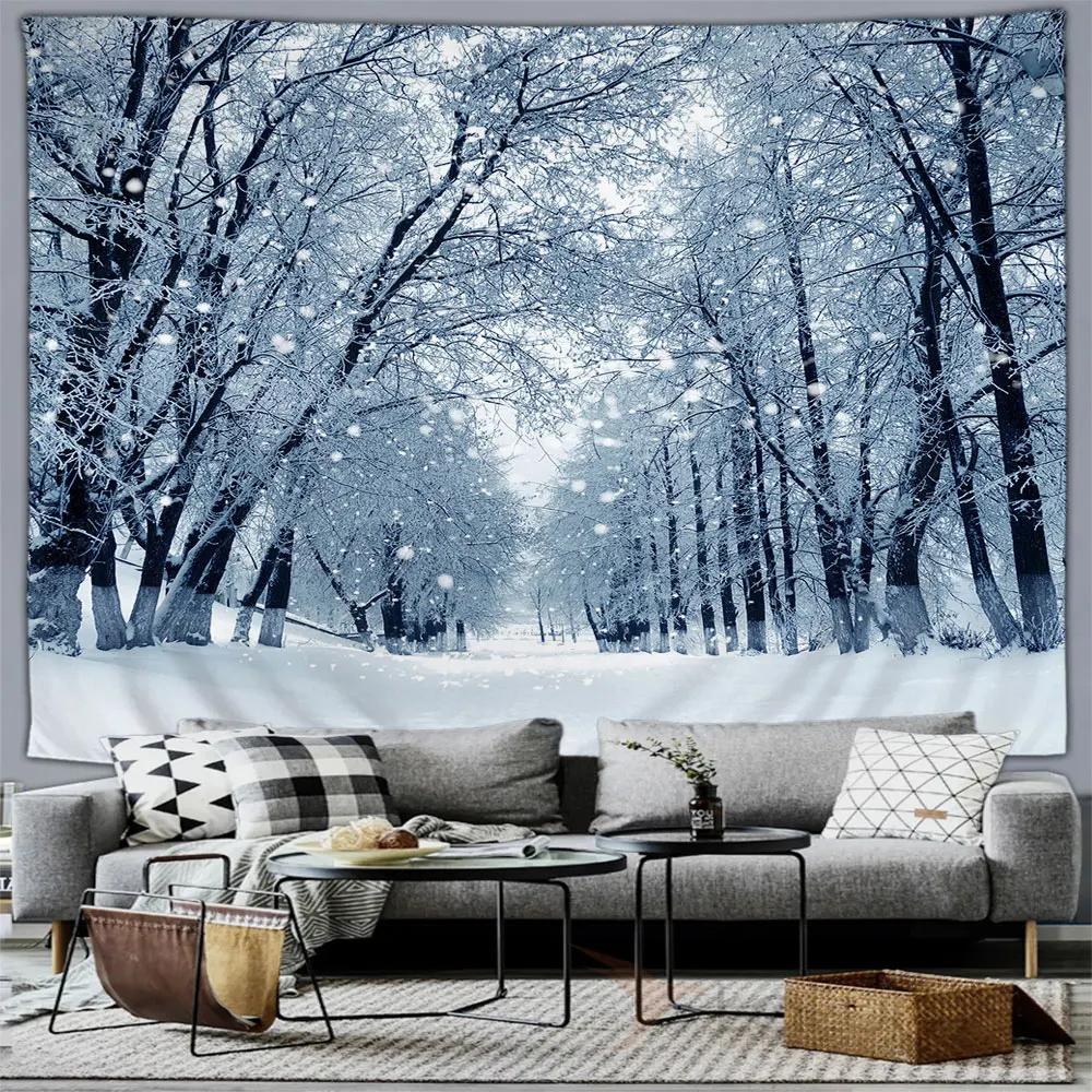 Winter Forest Snow Scene Tapestry Wall Hanging Christmas Tree Happy New Year Bedroom Living Room Home Decoration