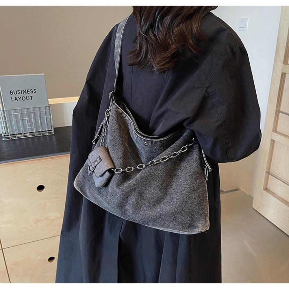 Large Capacity Women's Chain Crossbody Bag Korean Style Satchel Bag Denim Shoulder Bag Travel