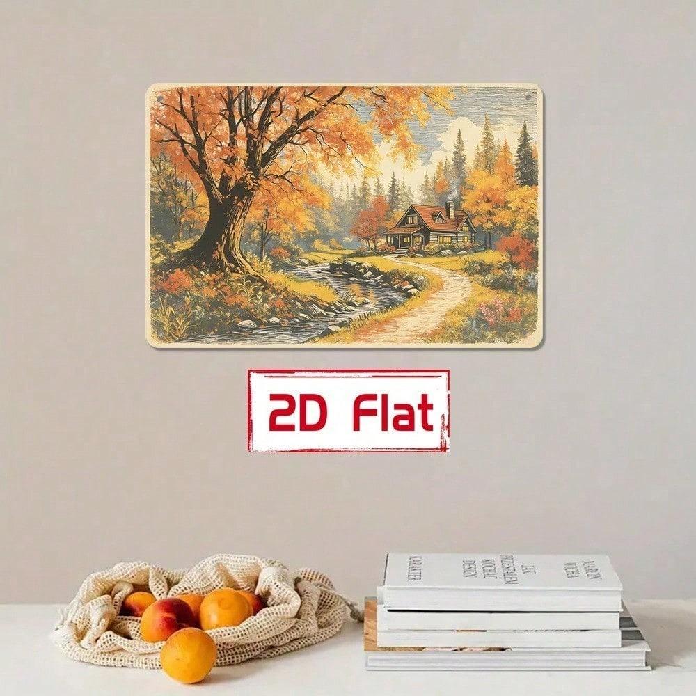 Autumn Forest Cabin Stream Sign 7.87x11.81in Nature Wall Decor Plaque Thanksgiving Gift for Study Hallway