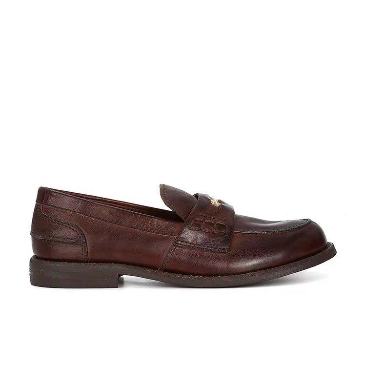 Soft Leather Version~ Brown Loafers 2025 Autumn and Winter Retro Small Gold Coins One Pedal Flat-soled French Single Shoes Women's Thick Heel