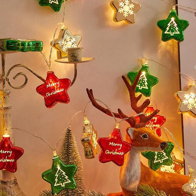 LED Electroplated Snowflake & Star String Lights - Christmas Atmosphere Flashing Fairy Tinsel Ball Decor