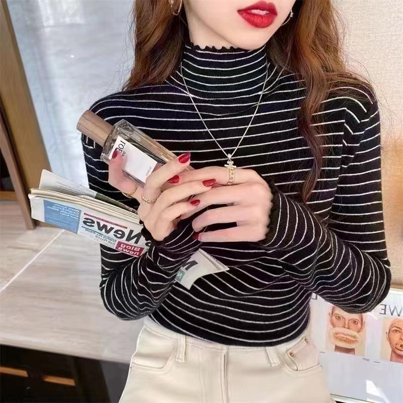 Sweater Women's Winter Velvet Thickened Semi-turtleneck Bottoming Shirt with a New Integrated Velvet Fungus Edge Knitted Top