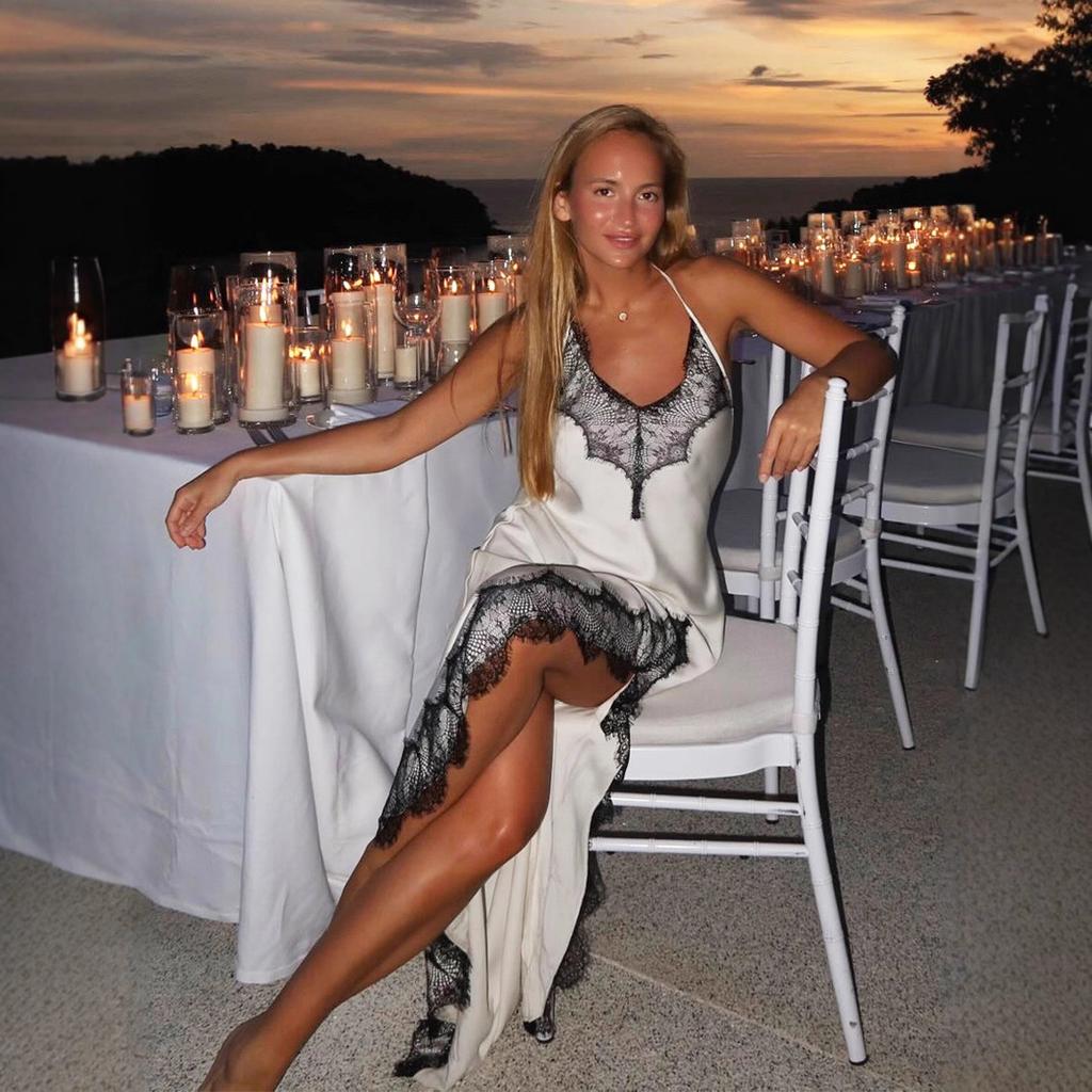 Lace lace suspender long dress European and American summer simulation silk sexy split splicing lace dress women