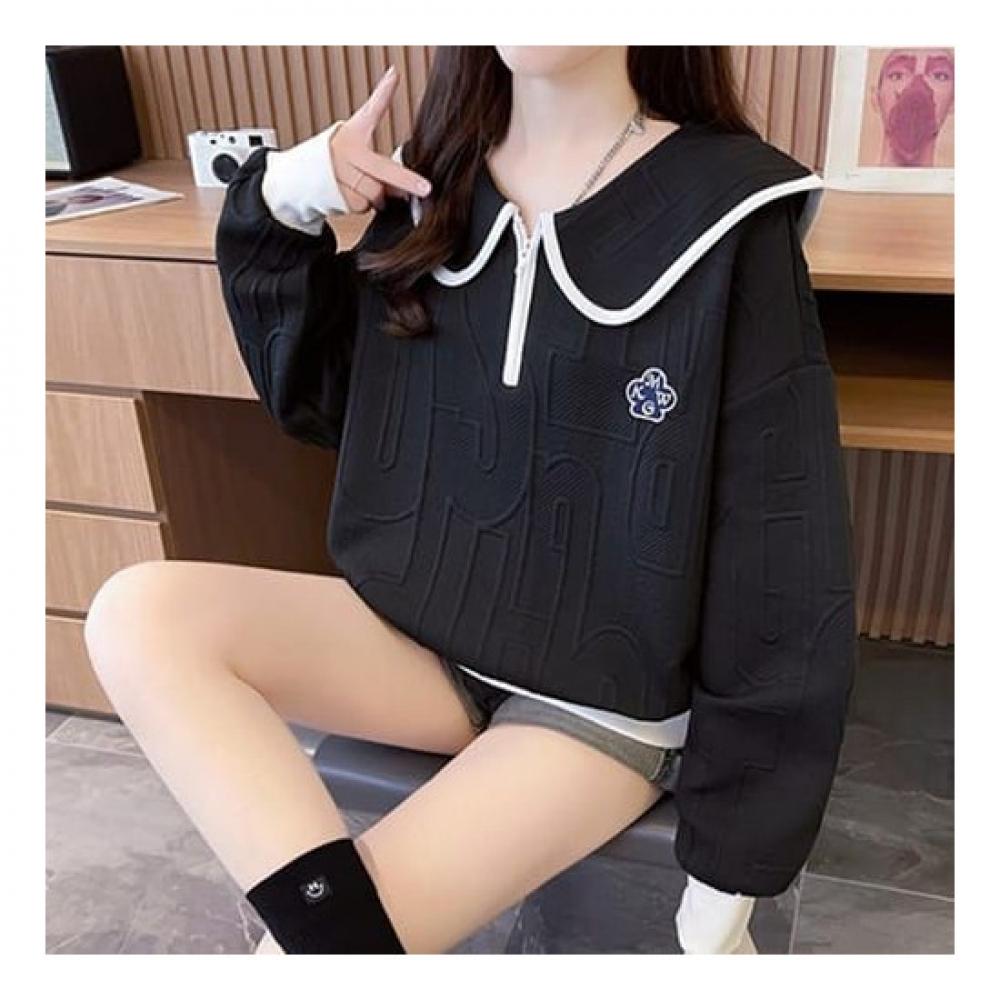 Navava Women Lettering Embossed Sailor Collar Long Sleeve Sweatshirt Nt1986