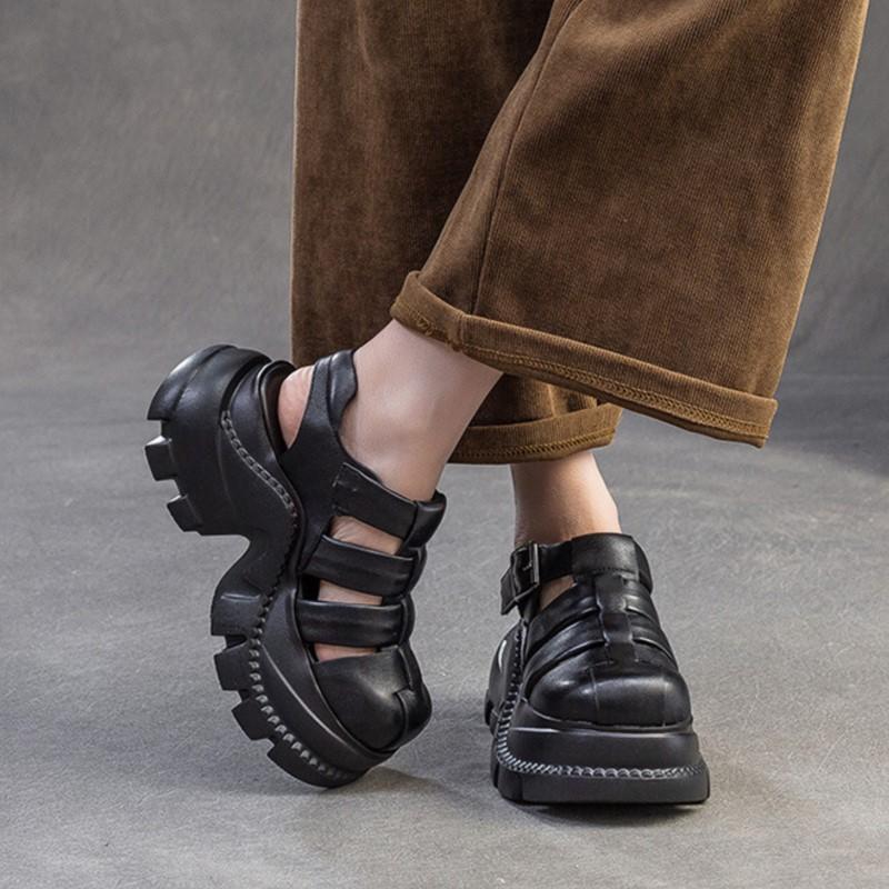 GKTINOO Round Toe Woven Breathable Hollow-out Thick Soled Sandals 2025 Summer New Casual Versatile Women's Platform Shoes