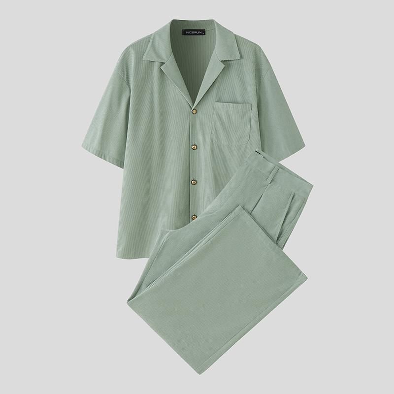 INCERUN 2PCS Men Lapel Neck Corduroy Short Sleeve Shirt Long Straight Pants Sets Outfits