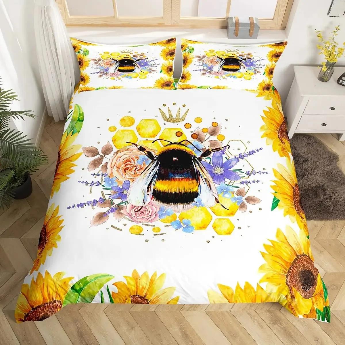 

Bee and Butterfly Duvet Cover Set,Spring Floral Bedding Sets for Boys Girls,Colorful Flowers Country Style Comforter Cover Queen 135x200cm