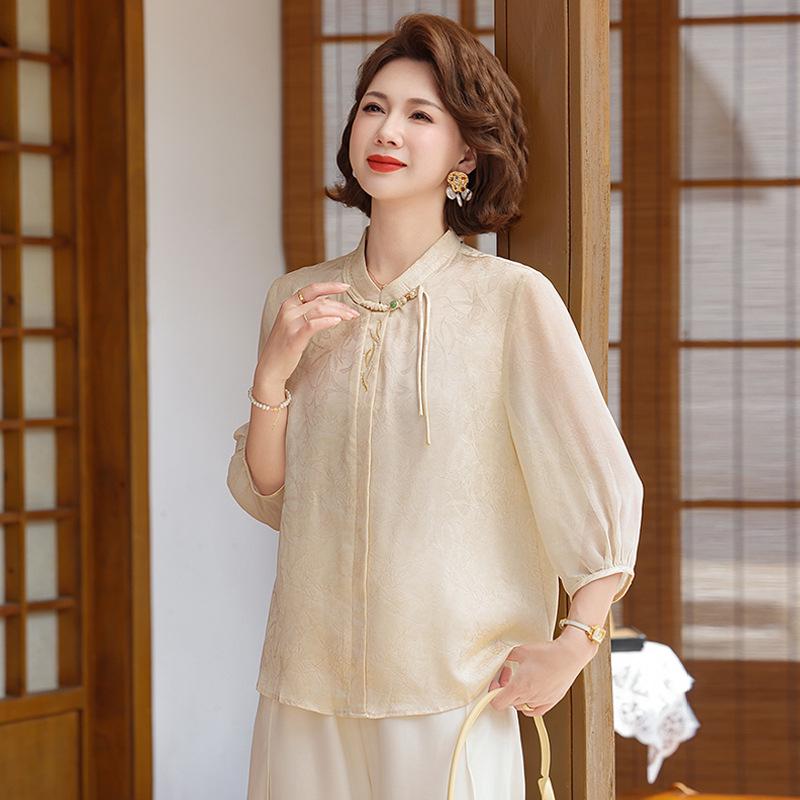 Elegant Chinese Summer Three-Quarter Sleeve Shirt for Women 2026: Age-Defying Top for Middle-Aged & Elderly, Hides Tummy