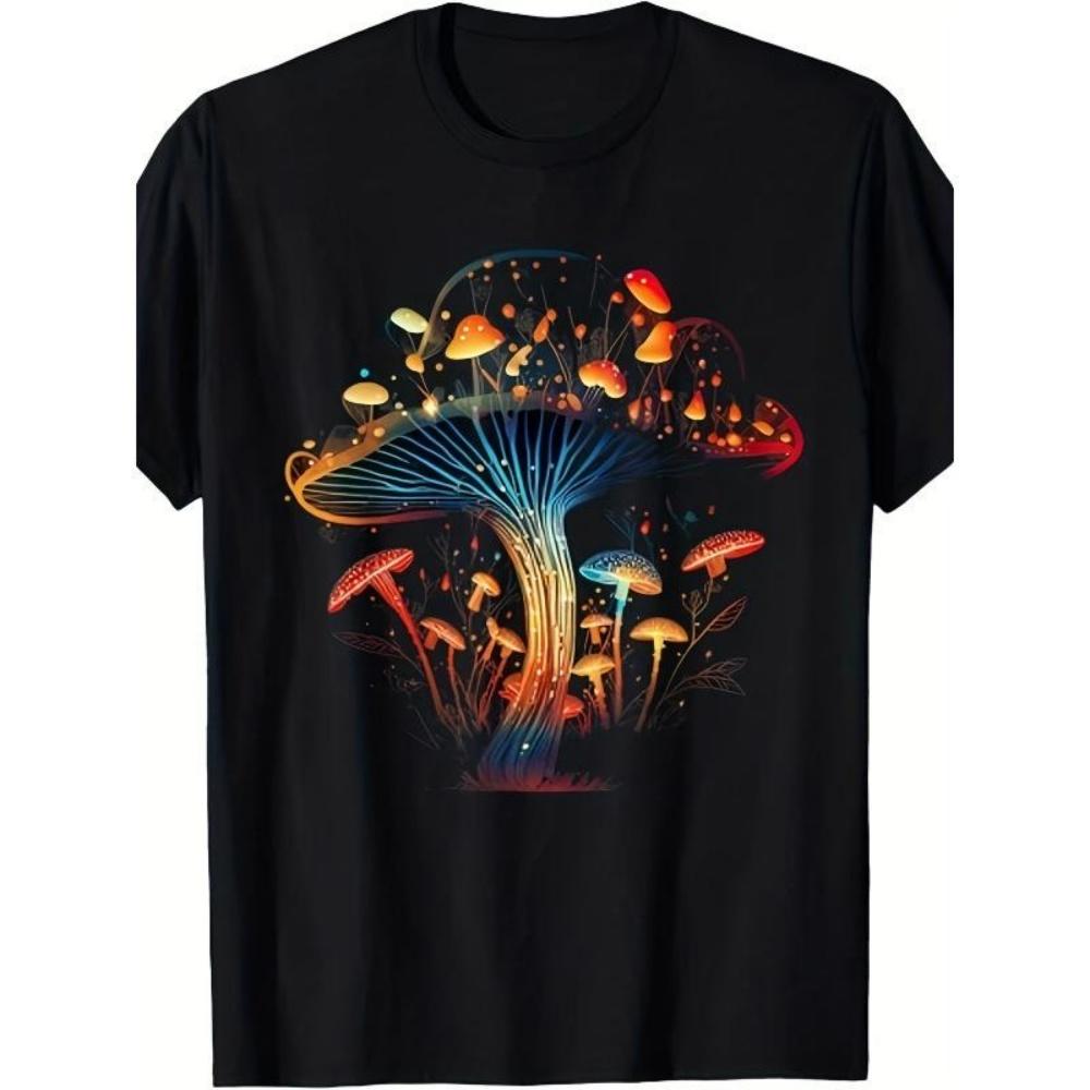 

European Sizes Men S Cottagecore Mushroom Graphic T-Shirt - Relaxed Fit Retro 60s_70s Hippie Style with Glowing Lights & Magical Forest Design S чёрный