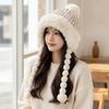 Fur Brim Pompom Braids Hat Striped Knit Earflap Winter Cap Fleece Knit Beanie  Teens