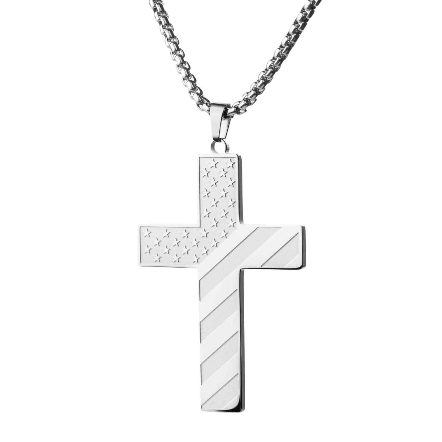 

American Flag Stars & Stripes Men s Stainless Steel Cross Necklace Pendant