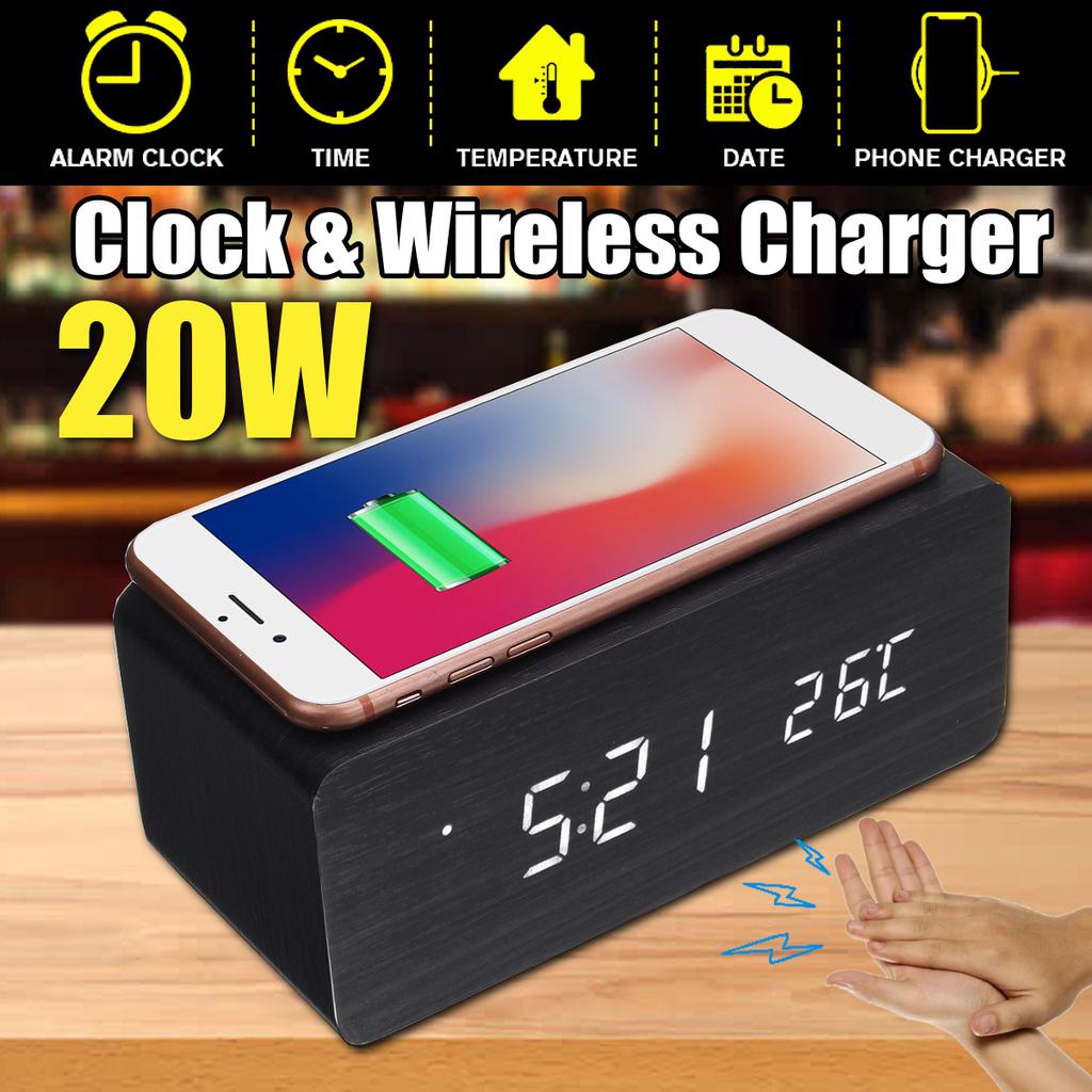Buy 20W 4 Colors Wooden Alarm Clock with Qi Wireless Charging Pad