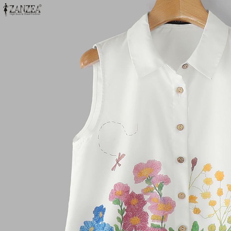 ZANZEA Women Casual Turn Down Collar Floral Print Sleeveless Vest Tops
