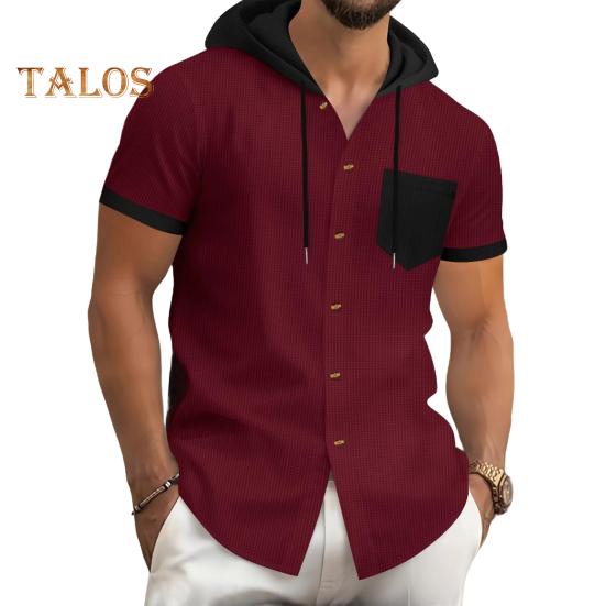 Men's Summer Hooded T-shirt Short Sleeved Button Down Tee with Chest Pocket Waffle Color Block Casual Hoodie T-shirt for Gym Street Wear