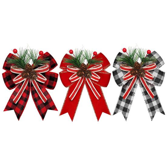 Christmas Burlap Plaid Bow with Pine Cones Pine Needles Large Buffalo Plaid Bow Xmas Wreath Checkered Bow for Holiday Crafts Home Party Tree Decor