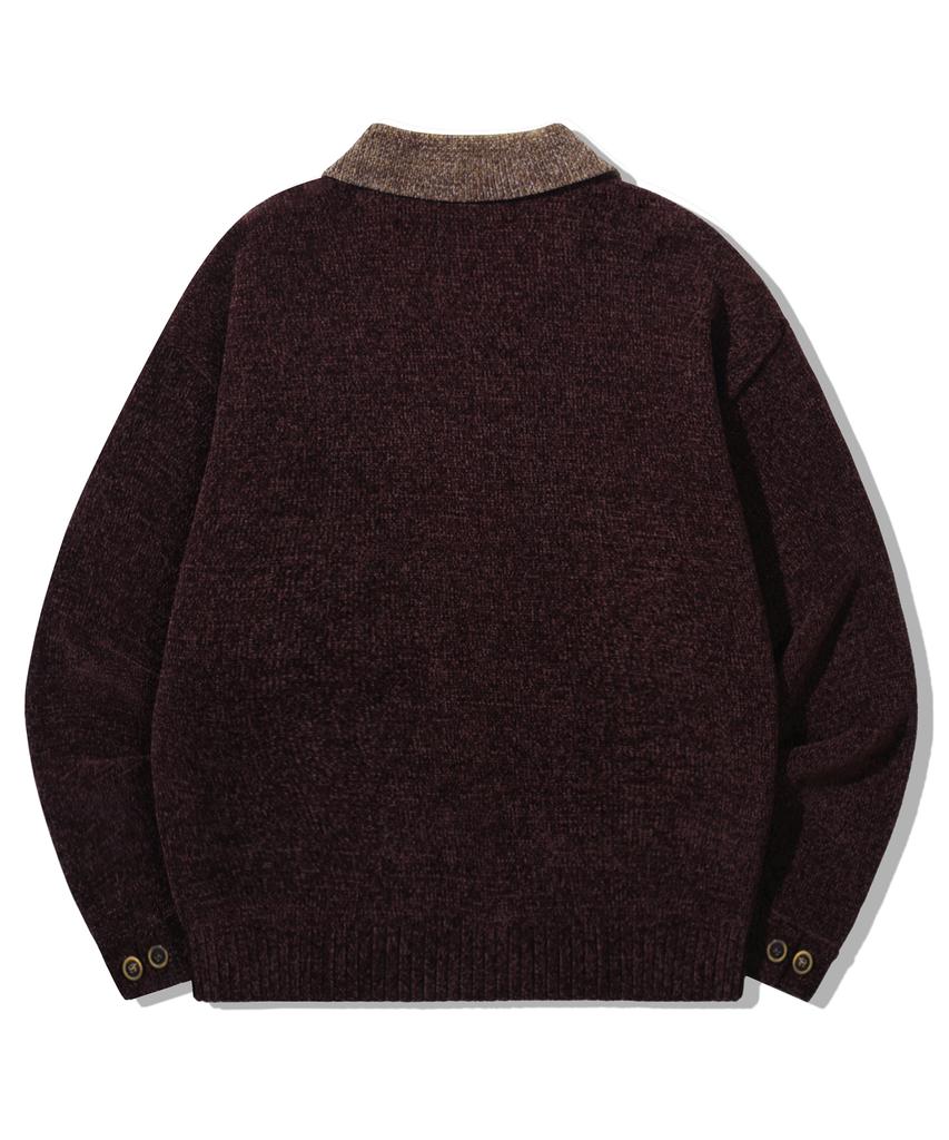 TRILLION Leather Patchwork Velvet Cardigan Knit_Purple Brown