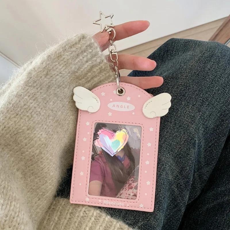 INS Sweet Aesthetic Kpop Photocard Holder for Girls Wings Keychain Schoolbag Charm Kawaii Displaying Photo Card Cover Case