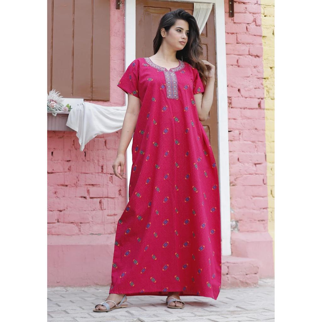 Indian Printed Maxi Length Gown Designer Women Daily Wear Pink Nighty Dress