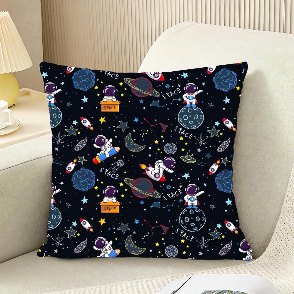Outer Space Spaceship Astronaut Cushion Cover Reversible Plush Pillow Cover For Car Sofa Bedroom Decorative Gift Pillowcase