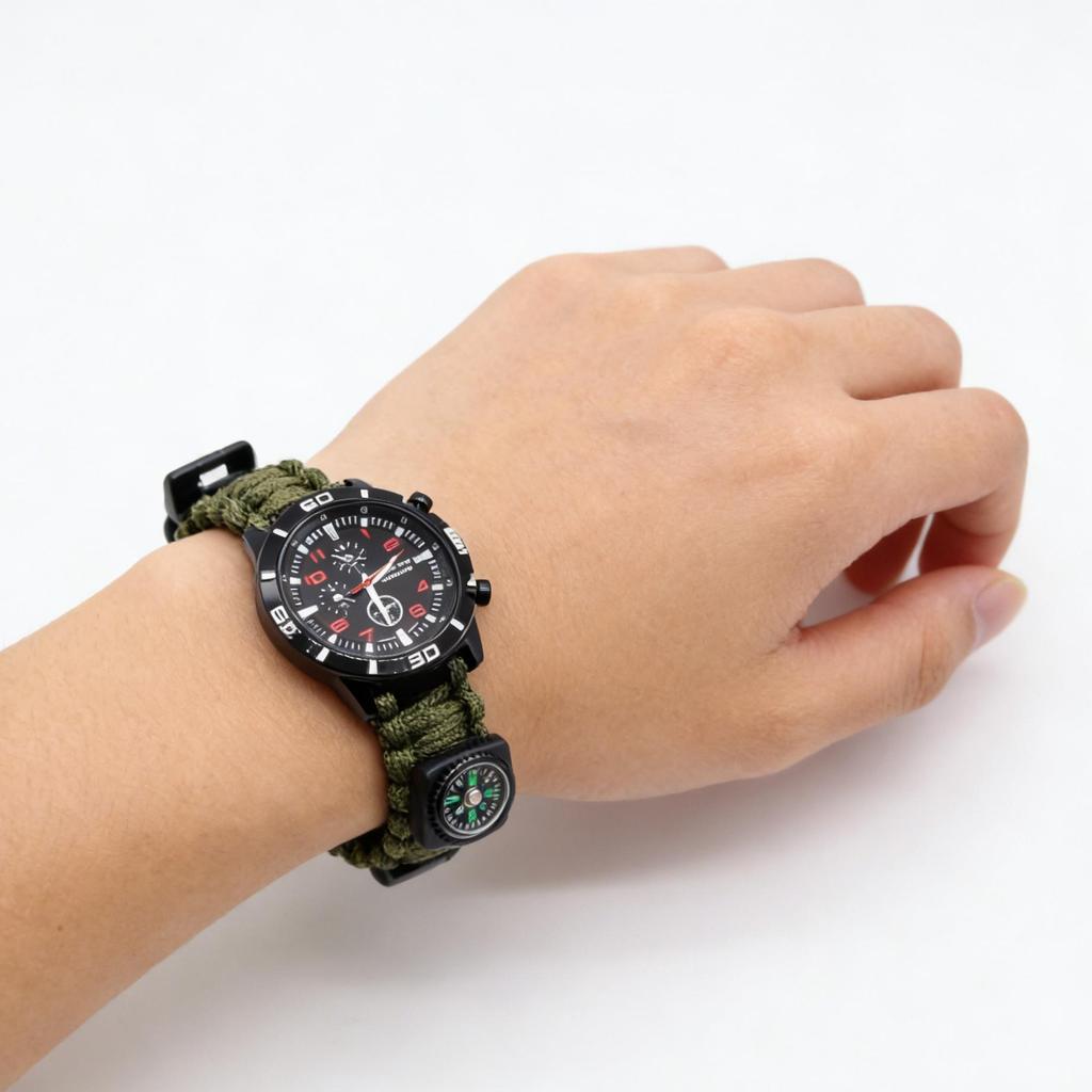 Outdoor-Überlebenswerkzeuge Paracord Pfeife Kompass Uhr