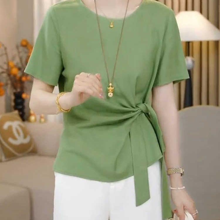Plus Size European Style Tie-Up Short Sleeve T-Shirt for Women - Summer 2025 Loose Slimming Fashion Top for Full-Figured Women
