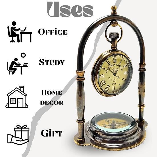 Desk Clock Table Clock with Maritime Brass Compass Victoria London Nautical Brass Table Clock