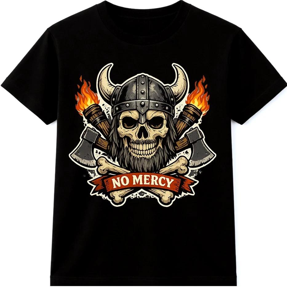 Viking Skull T Shirt No Mercy Warrior Helmet Axe Norse Valhalla Graphic Tee M