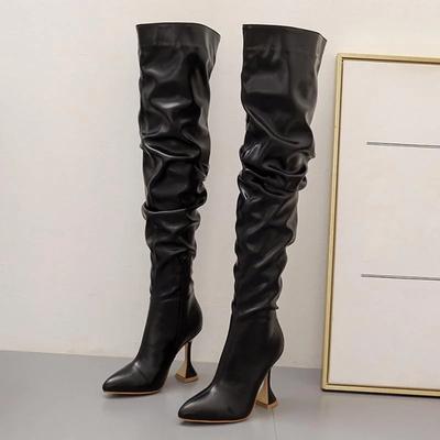 Women PU High Spike Heel Long Boots Lady Pointed Toe Over The Knee Fashion Boots Female Side Zipper Office Work Single Boots