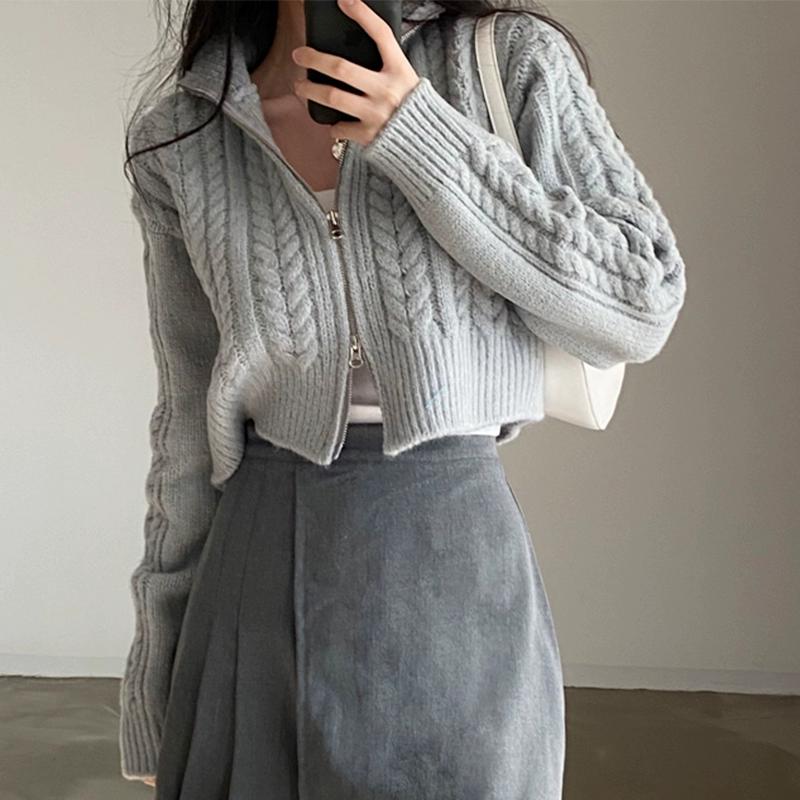 Pulover cardigan cu mâneci lungi pentru femei, toamnă iarnă, retro, topuri largi, tricotaje cu guler în picioare, îmbrăcăminte în stil coreean Y2k