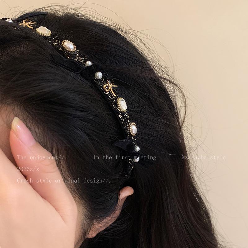 Elegantní korejská čelenka z perlového sametu - Vysoká na temeni hlavy, Široký okrajový vlasový doplněk