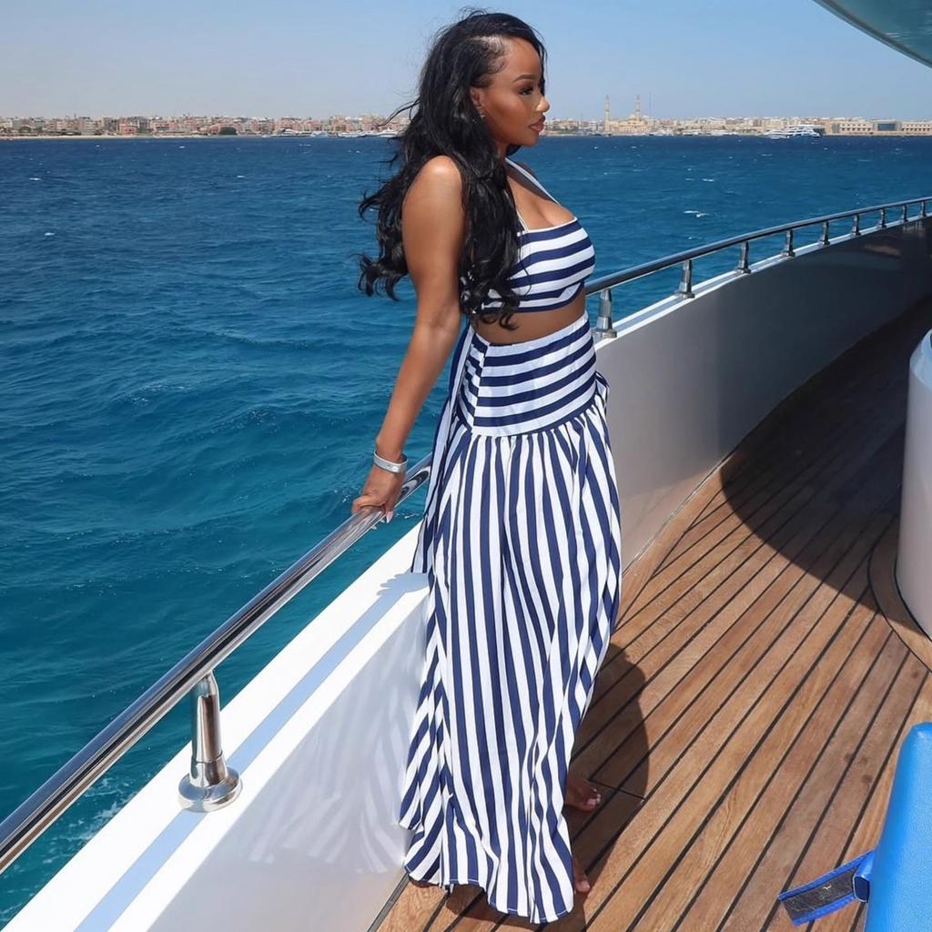 European and American women's clothing sexy hottie neck tube top short striped top women's African fashion high waist skirt set