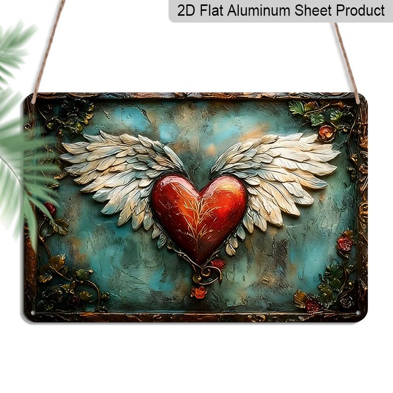 

2D Flat, 1pc Vintage Winged Heart Aluminum Sign, 12 ×8 - Ornate Floral & Angel Wings Design, Teal Rustic Style Wall Decor, Romantic Art Plaque for 20*30cm