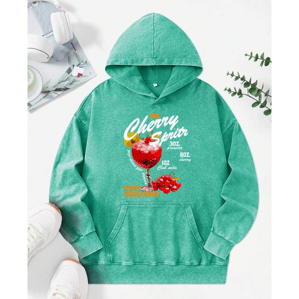 The Cherry Sprits  Print Women Washed Hoodie Street Comfortable Hoody Fashion Cotton Clothes Casual Female Pullover