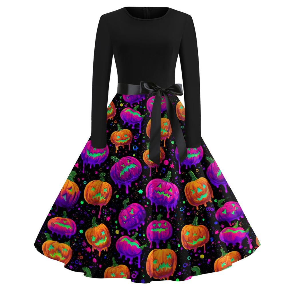Women's Vintage Long Sleeve Round Neck Halloween Print Party Dress Retro Style Full Skirt with Waist Tie Elegant Evening Dress