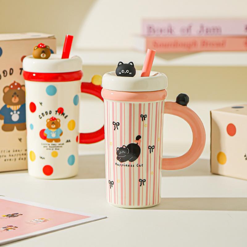 Large Capacity Cartoon Straw Cup with Lid Cute Mug High value Kitten Animal Ceramic Cup Set Gift