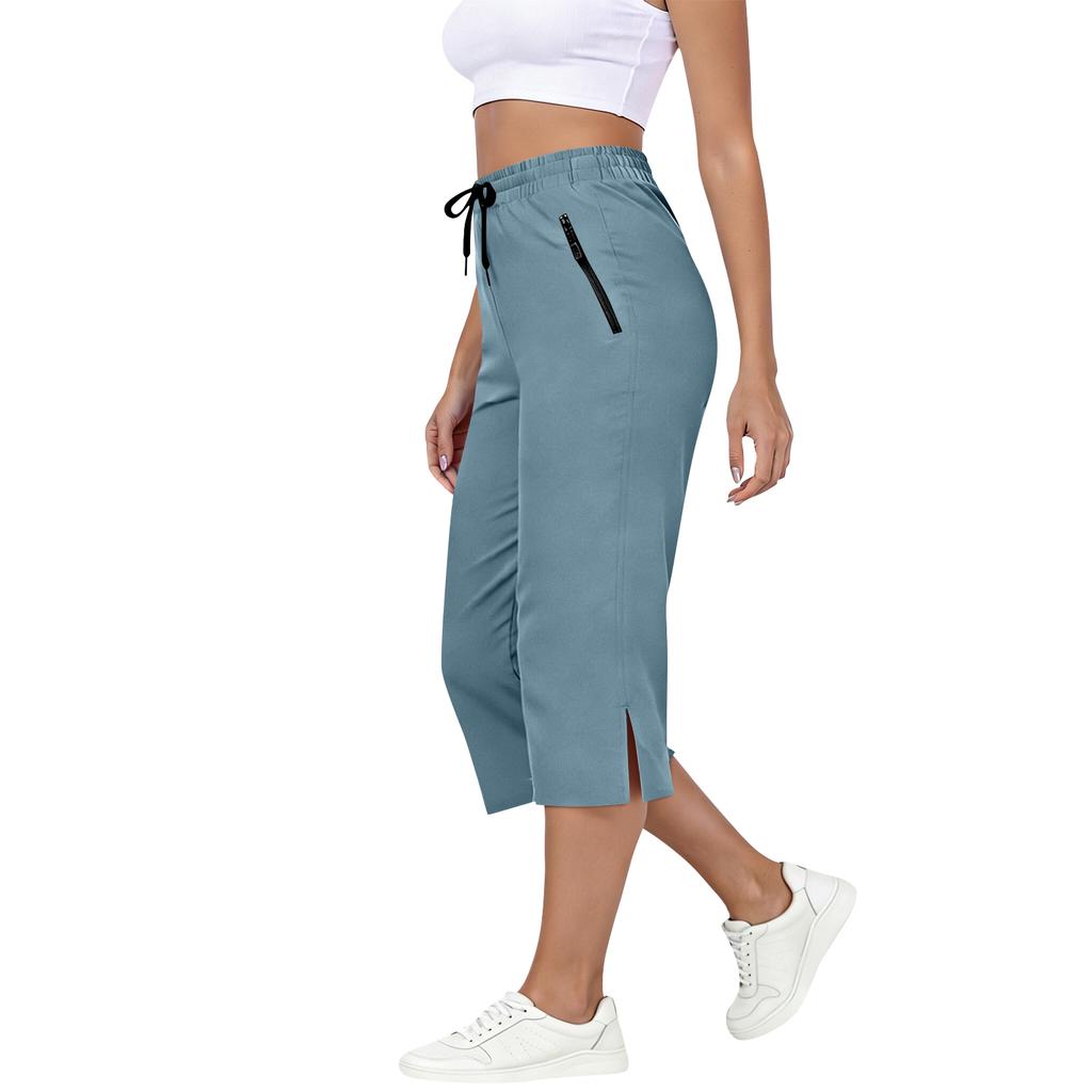 Women Drawstring Elastic Waist Capris Pants with Side Pockets Loose Fit Lightweight Cropped Trousers for Daily Wear