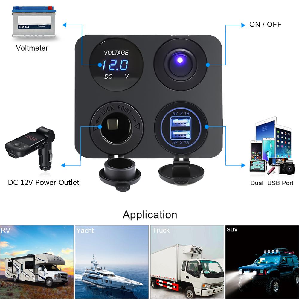 12V USB Panelová zásuvka 4 v 1 Duální USB nabíječka s kolébkovým spínačem Zapalovač cigaret do auta Digitální voltmetr pro auto Loď Nákladní automobil Obytný vůz
