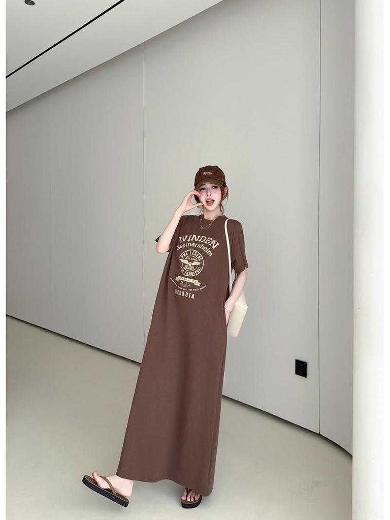 2026 Summer Fashion Women's Loose Short Sleeve Printed T-Shirt Dress - Over the Knee