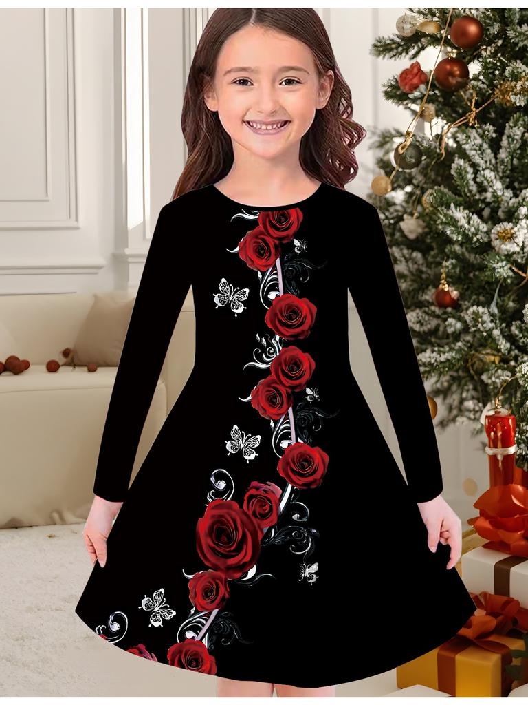 Mädchen Herbst- und Wintermodekleid, 3D-Blumendruck Rundhalsausschnitt Lang Kinder-T-Shirt-Kleid, Lässig Vielseitig, Weihnachtskleidung