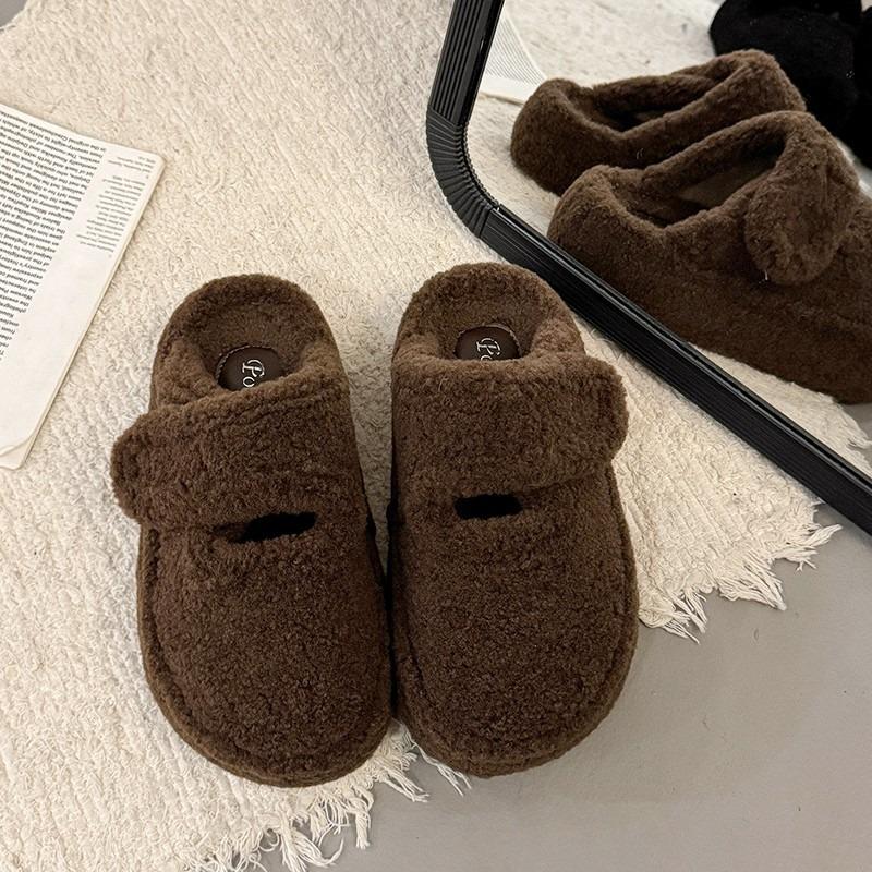 Fashionable Fleece Lined Flat Bottom Fur Slippers Women's Cotton Mary Janes Warm Autumn Winter Rubber Surface Slippers
