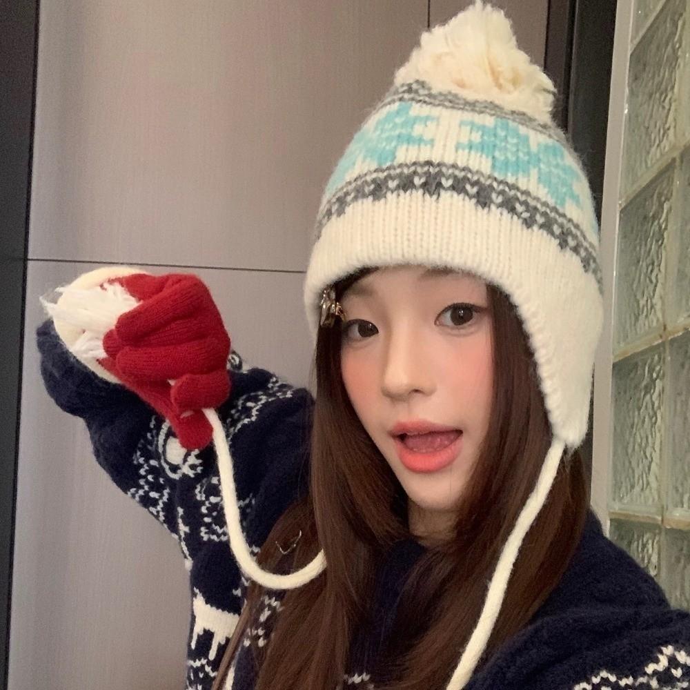 Wool Knitted Pullover Hat Korean Style Beanies Cap Sweet Jacquard Woolen Hat Winter