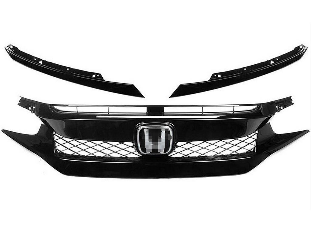 Glossy Black TR Grille & Body Kit for 2016 Civic Type R: Includes Rear Wing, Front Splitter, and Side Skirts.