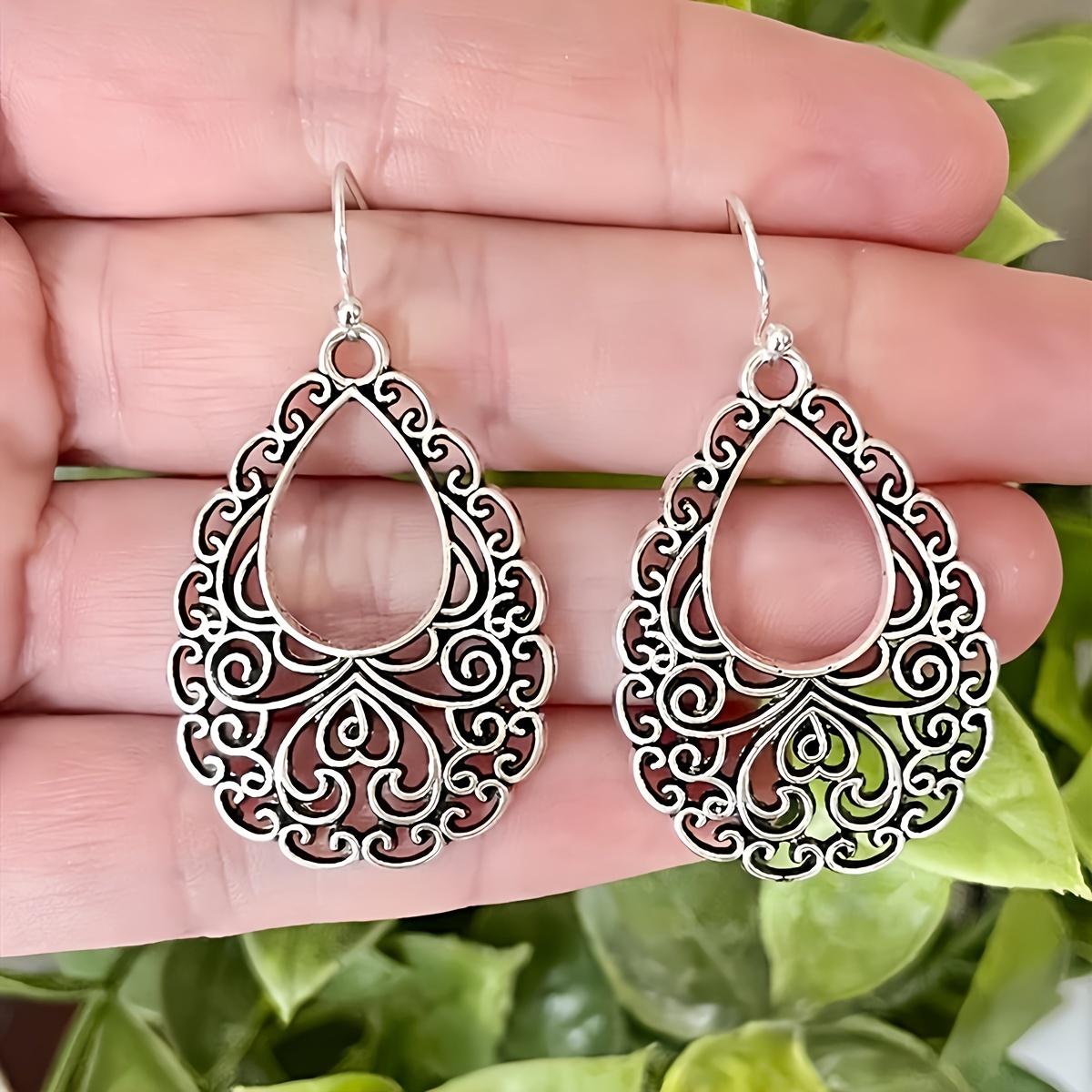 1 pair of Bohemian vintage silver filigree teardrop earrings, hollow-out design, vintage pattern women s dangle earrings [Silver]]