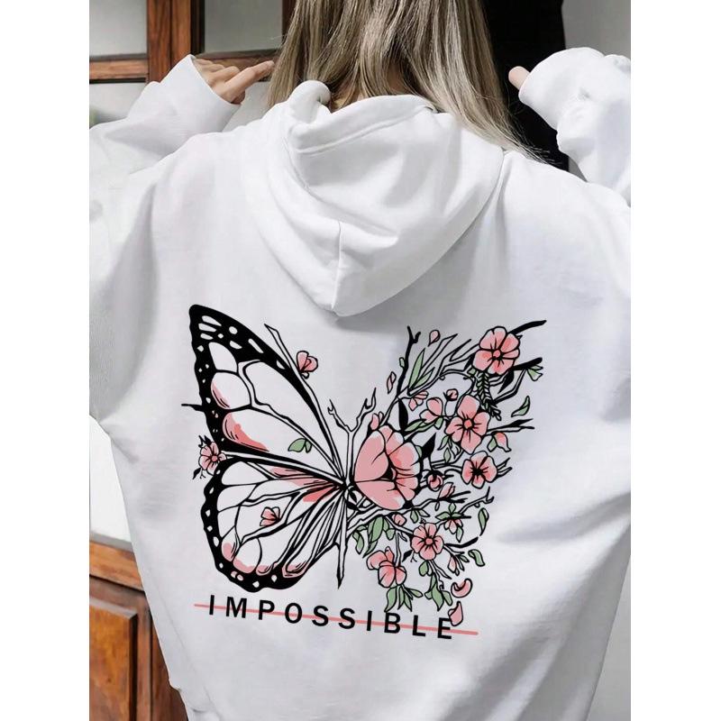 Rose Butterfly Graphic Unisex Hoodie with Drop Shoulder Sleeves