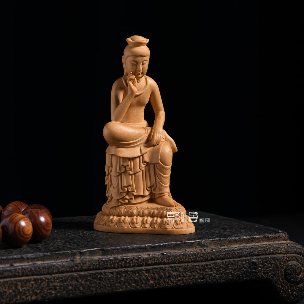 Hanro Art Maitreya Bodhisattva Statue in a Pensive Wood Buddhist Altar Hinoki Natural Wood Color H x W x 7cm Wood Carving, Position, Carving,