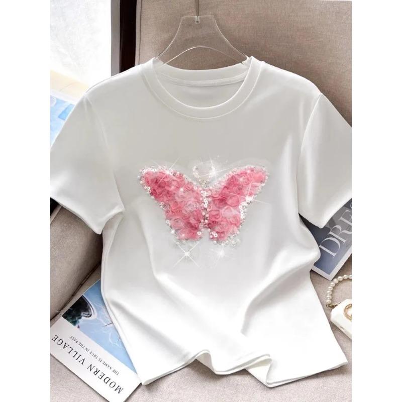 Women's Summer 3D Butterfly Rhinestone Embellished Crew Neck Short Sleeve