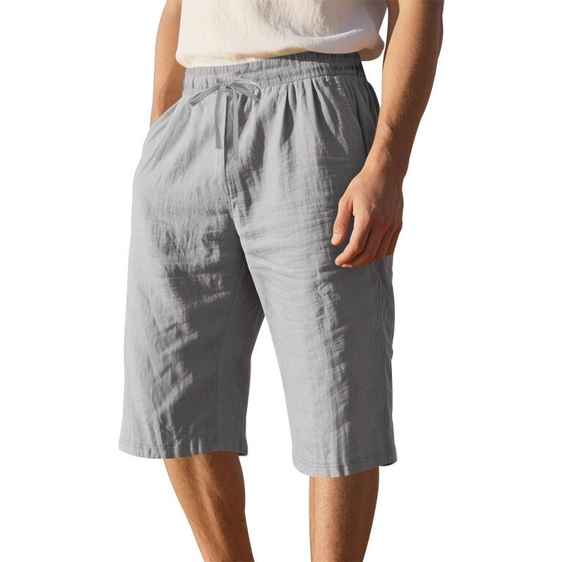 Summer Men's Loose Simple Solid Color Casual Linen Breathable Sports Beach 7-point Shorts