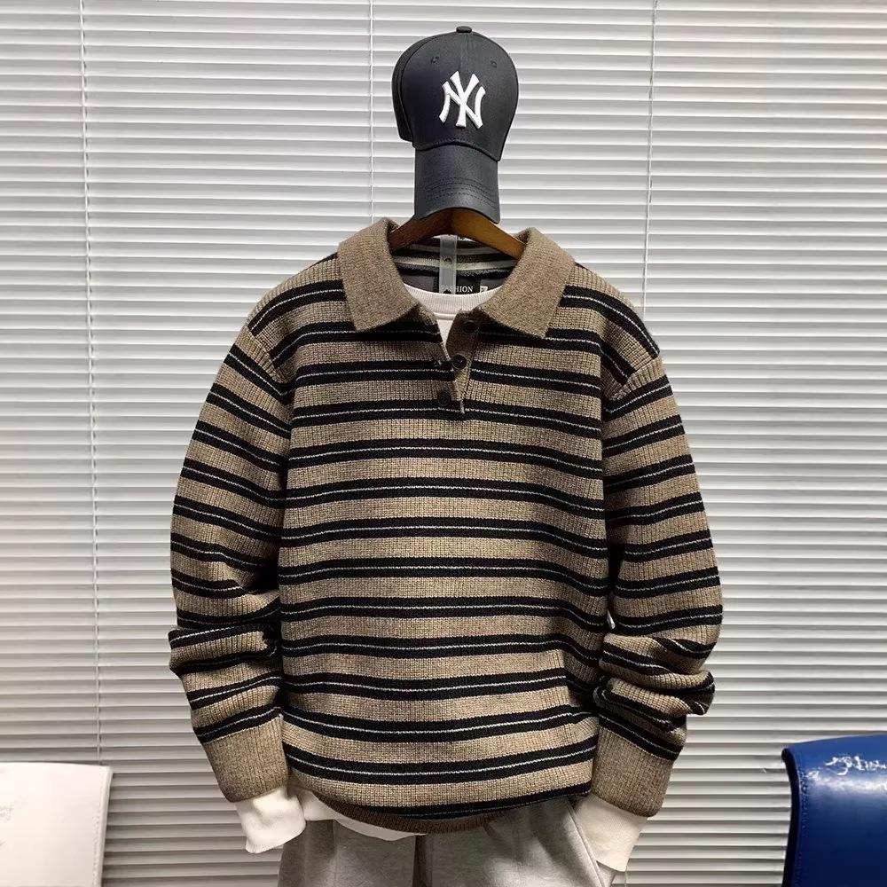 

Men s Old Money Colorblock Polo Sweater: Autumn/Winter Knitwear, Casual Striped Lapel Style. XXL хакі
