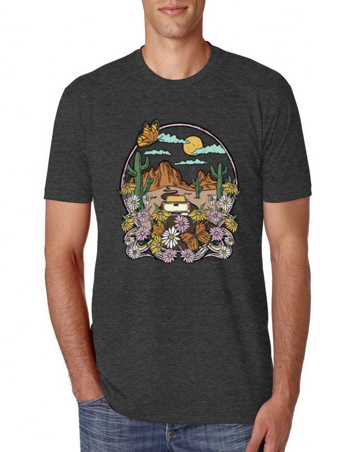 Trendy Landscape With Daisies Cactus Monarch Butterfly Men Tri Blend T- Shirt S