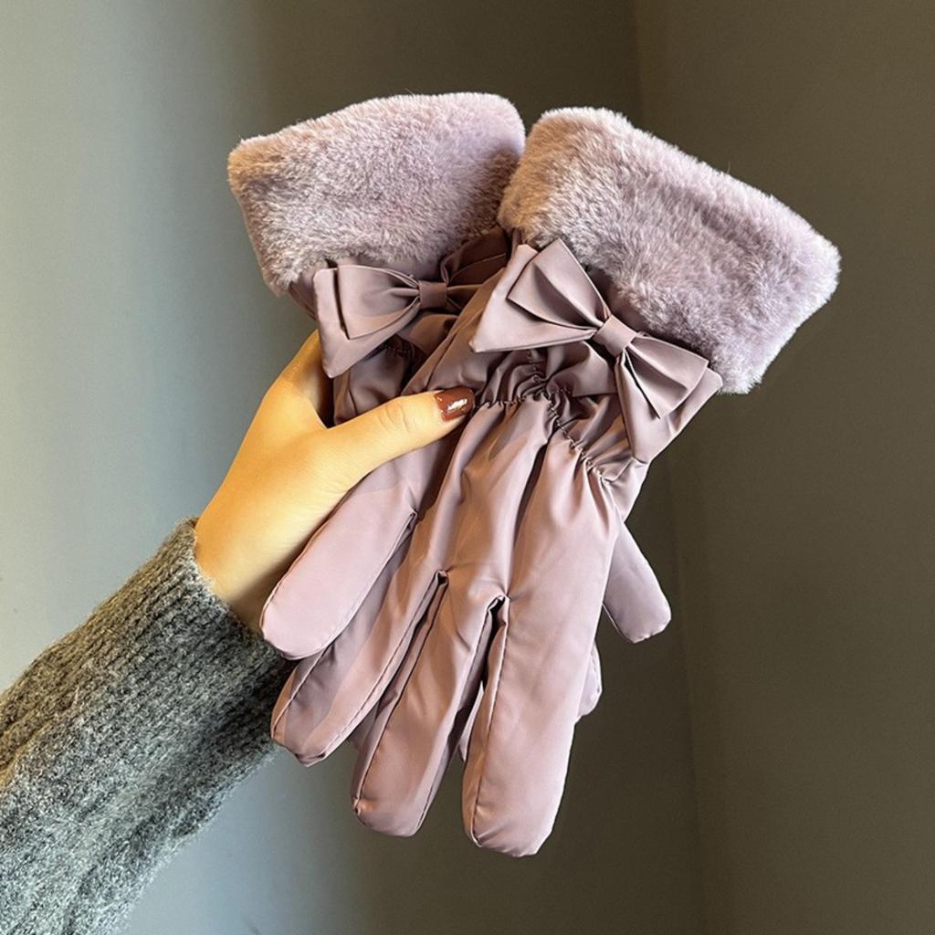 Winter Warm Gloves Touch Screen Women's Thick Cotton Down Riding Cute and Windproof Skiing Gloves with Velvet